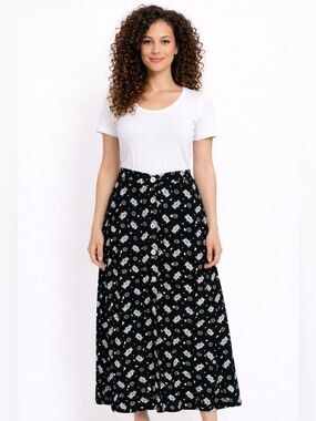 Y2K Rebellious Button Print Maxi Skirt Black Novelty Print Grunge Indie 26 W